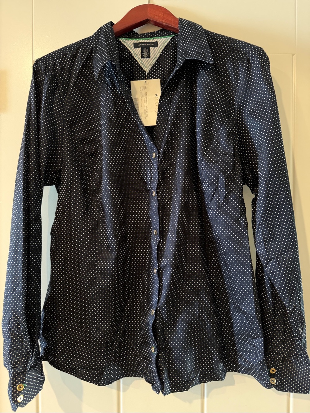 New with Tags, Tommy Hilfiger Navy Button-Down Shirt with White Microdots